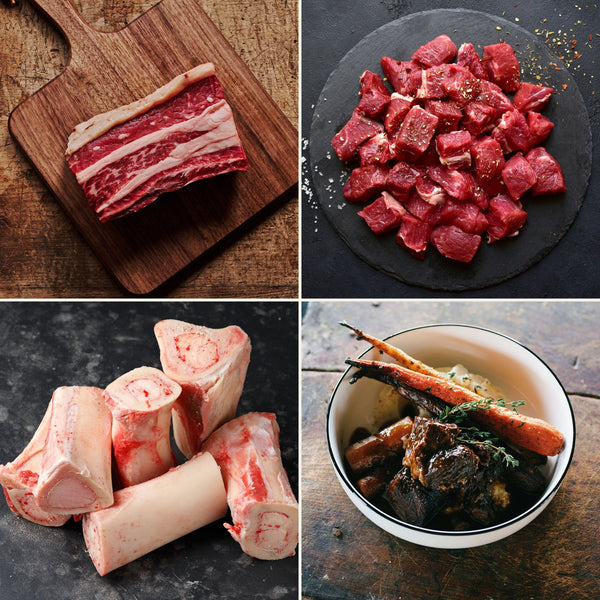 Fall Braise Bundle: bone-in short ribs, stew meat and marrow bones