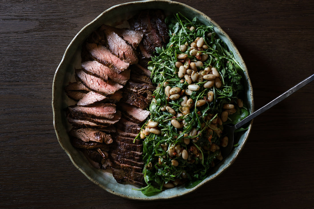 Flank Steak with white bean salad