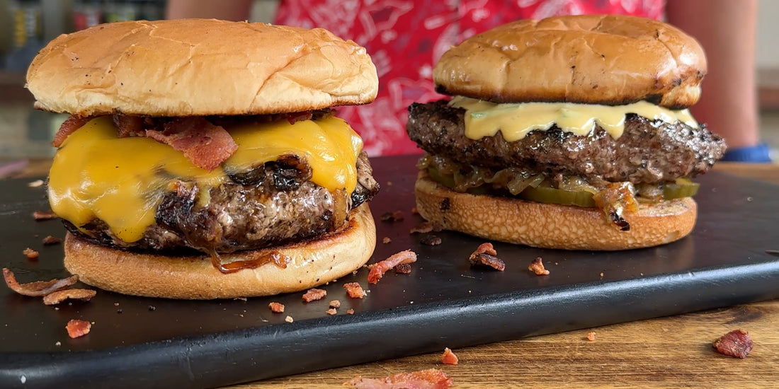 Two North 36 queso burgers off the grill