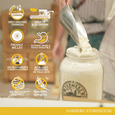 Farmers' Storehouse: only organic farmers, only TN and US grown, freshly milled, nutrient dense and highly digestible, no glyphosate, no bleach, bromating or folic acid, no biotech enzymes, non-GMO