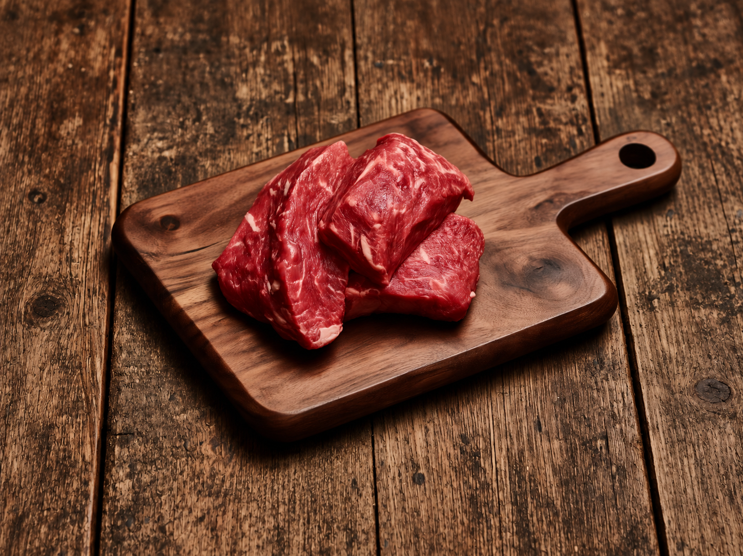 Raw New York strip medallions on a wood board