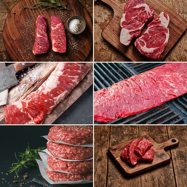 Fall Grilling Bundle: Denver steaks, boneless ribeyes, inside skirt, bavette, Big Daddy Hamburgers and New York strip medallions