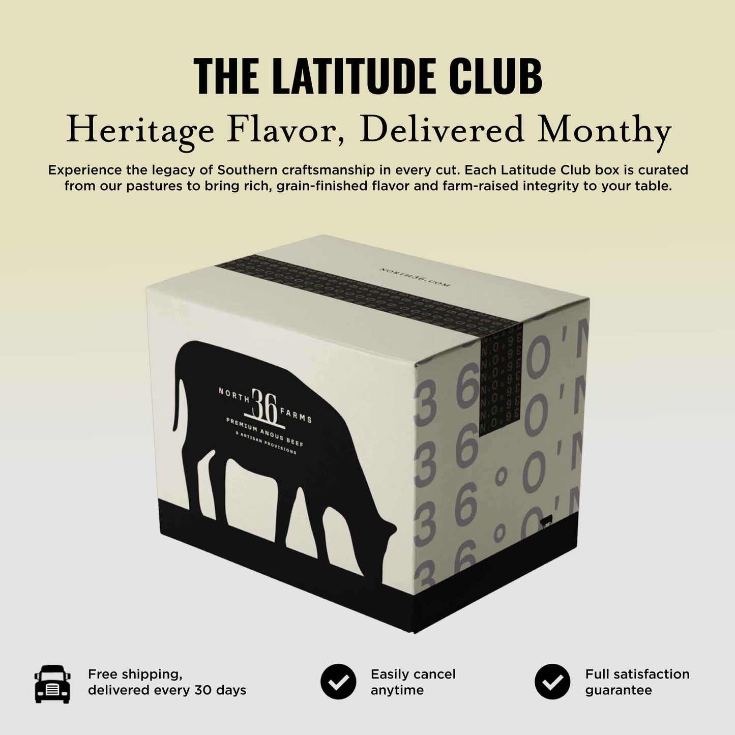 Latitude Club product box with branding and promotional text on a beige background
