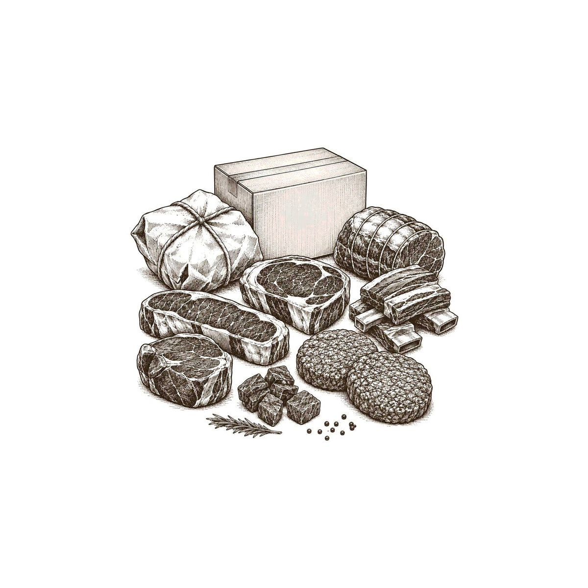 A North 36 Farms box surrounded by premium cuts, engraved illustration